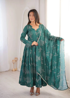 Teal Bandhani Print Muslin Anarkali with Dupatta