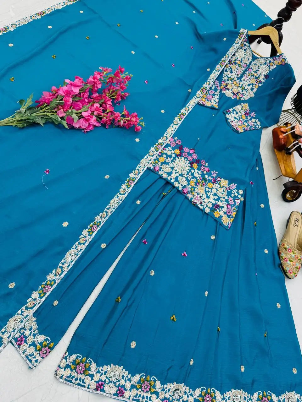 Teal Blue Chinon Silk Embroidered Sharara Suit with Dupatta – Heavy Sequence Work | Wedding & Festive Wear