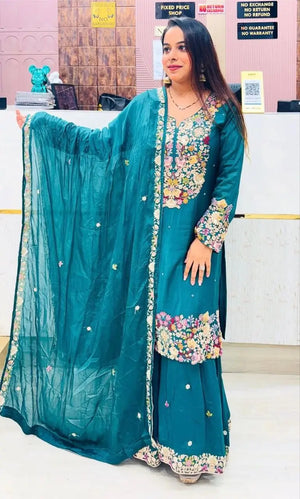 Teal Blue Chinon Silk Embroidered Sharara Suit with Dupatta – Heavy Sequence Work | Wedding & Festive Wear