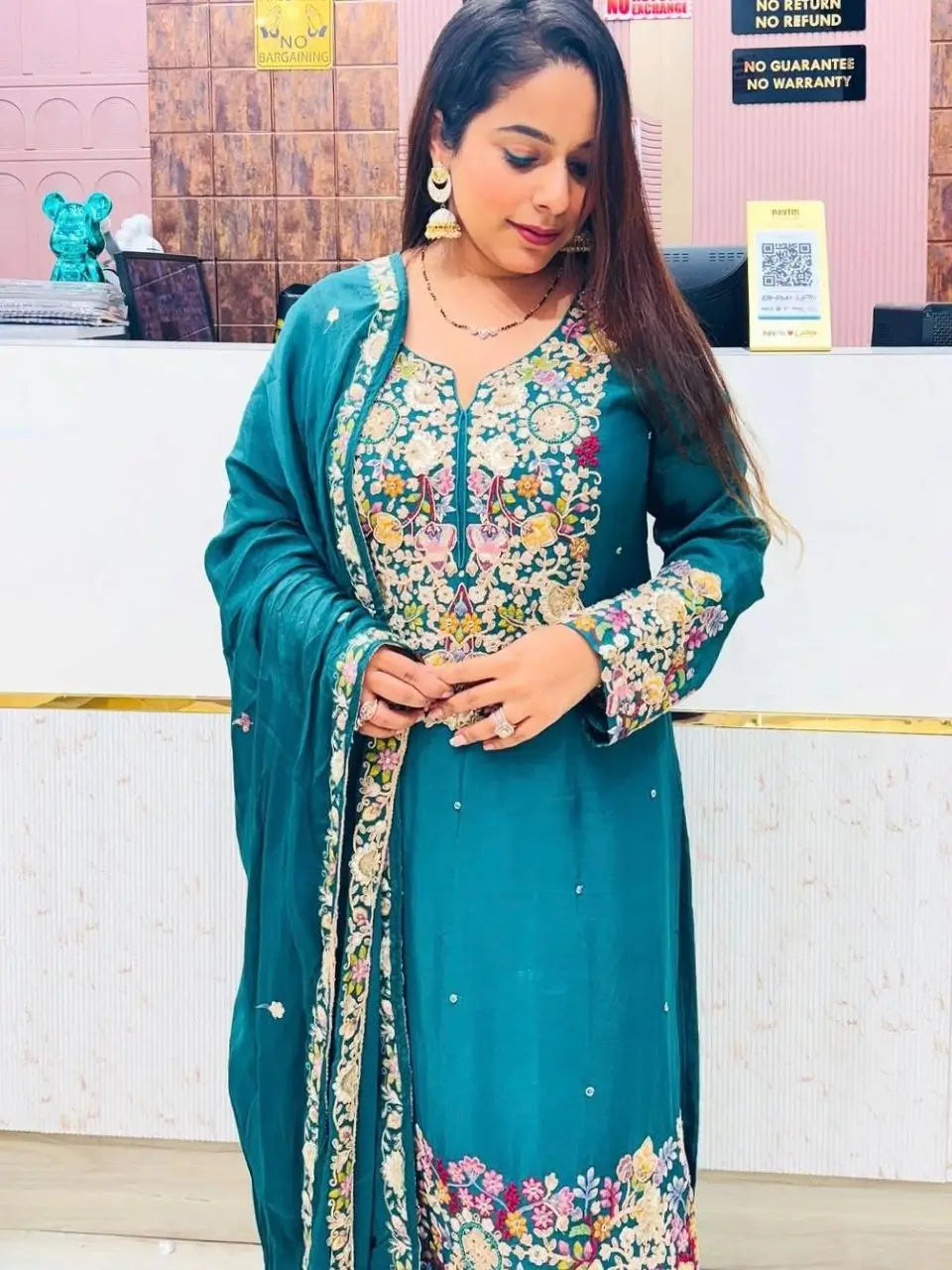 Teal Blue Chinon Silk Embroidered Sharara Suit with Dupatta – Heavy Sequence Work | Wedding & Festive Wear