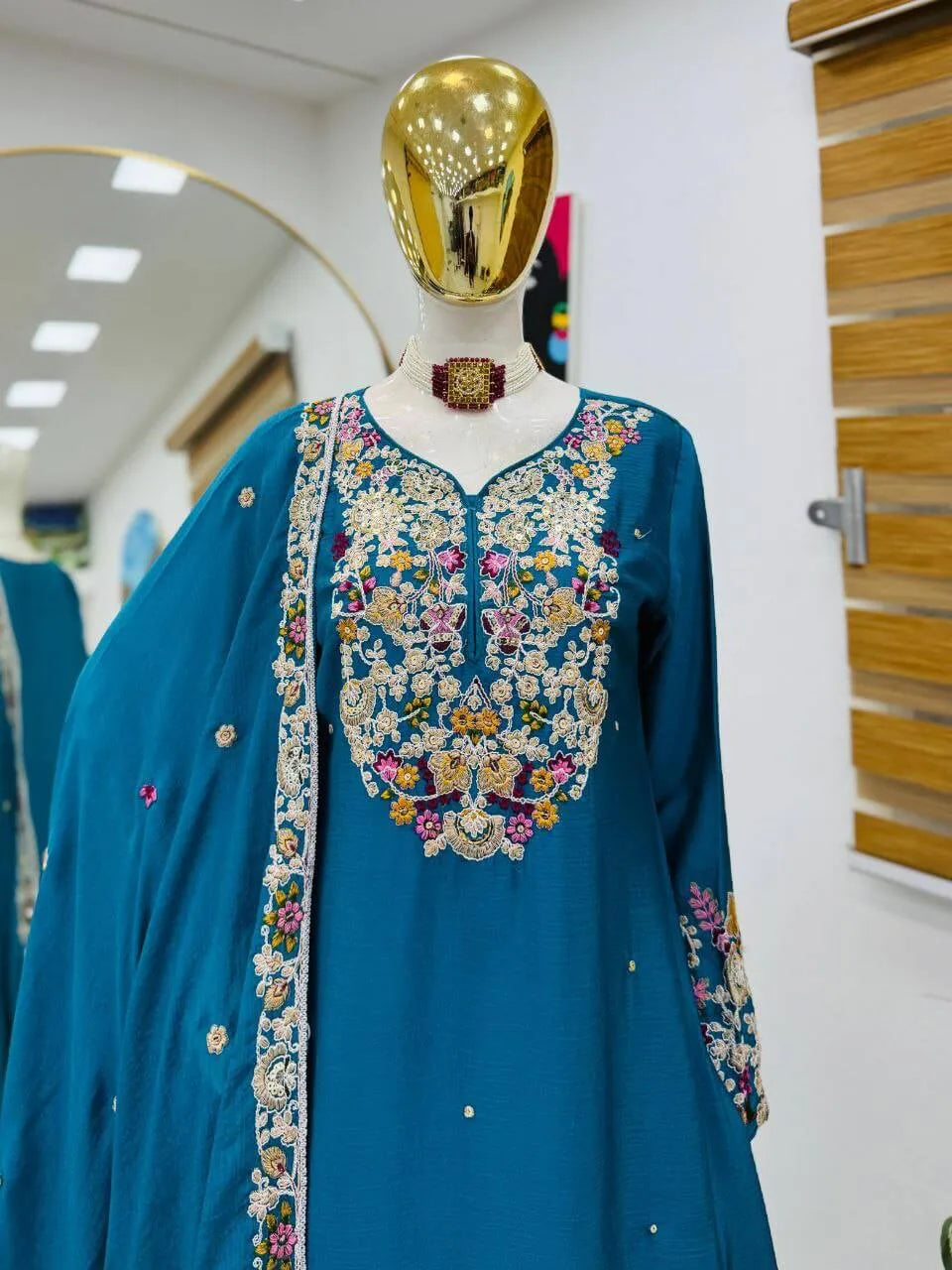 Teal Blue Chinon Silk Embroidered Sharara Suit with Dupatta – Heavy Sequence Work | Wedding & Festive Wear