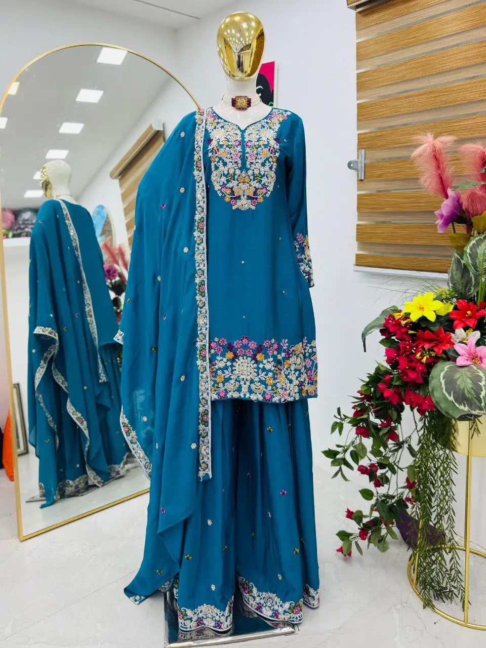 Teal Blue Chinon Silk Embroidered Sharara Suit with Dupatta – Heavy Sequence Work | Wedding & Festive Wear