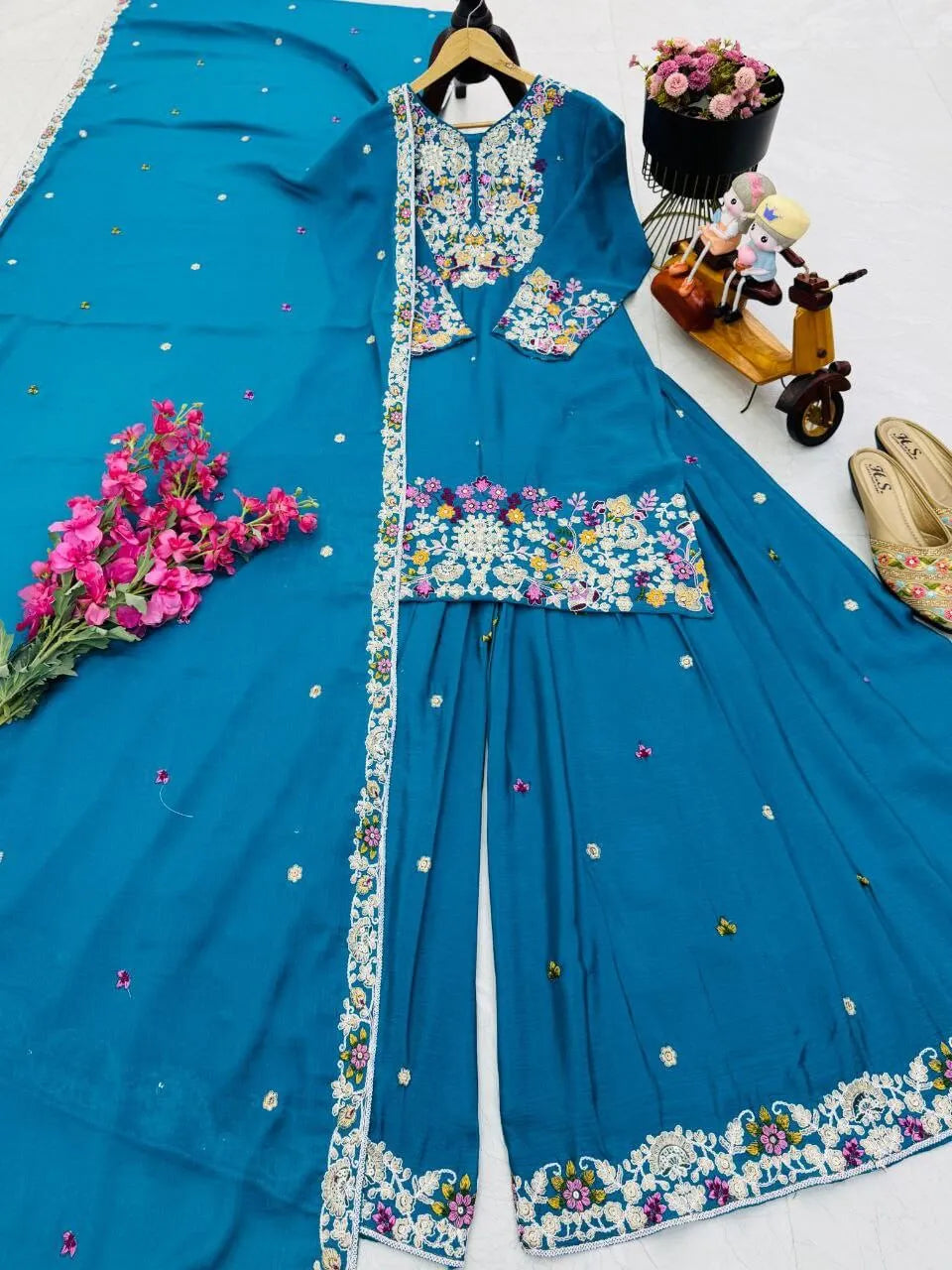 Teal Blue Chinon Silk Embroidered Sharara Suit with Dupatta – Heavy Sequence Work | Wedding & Festive Wear