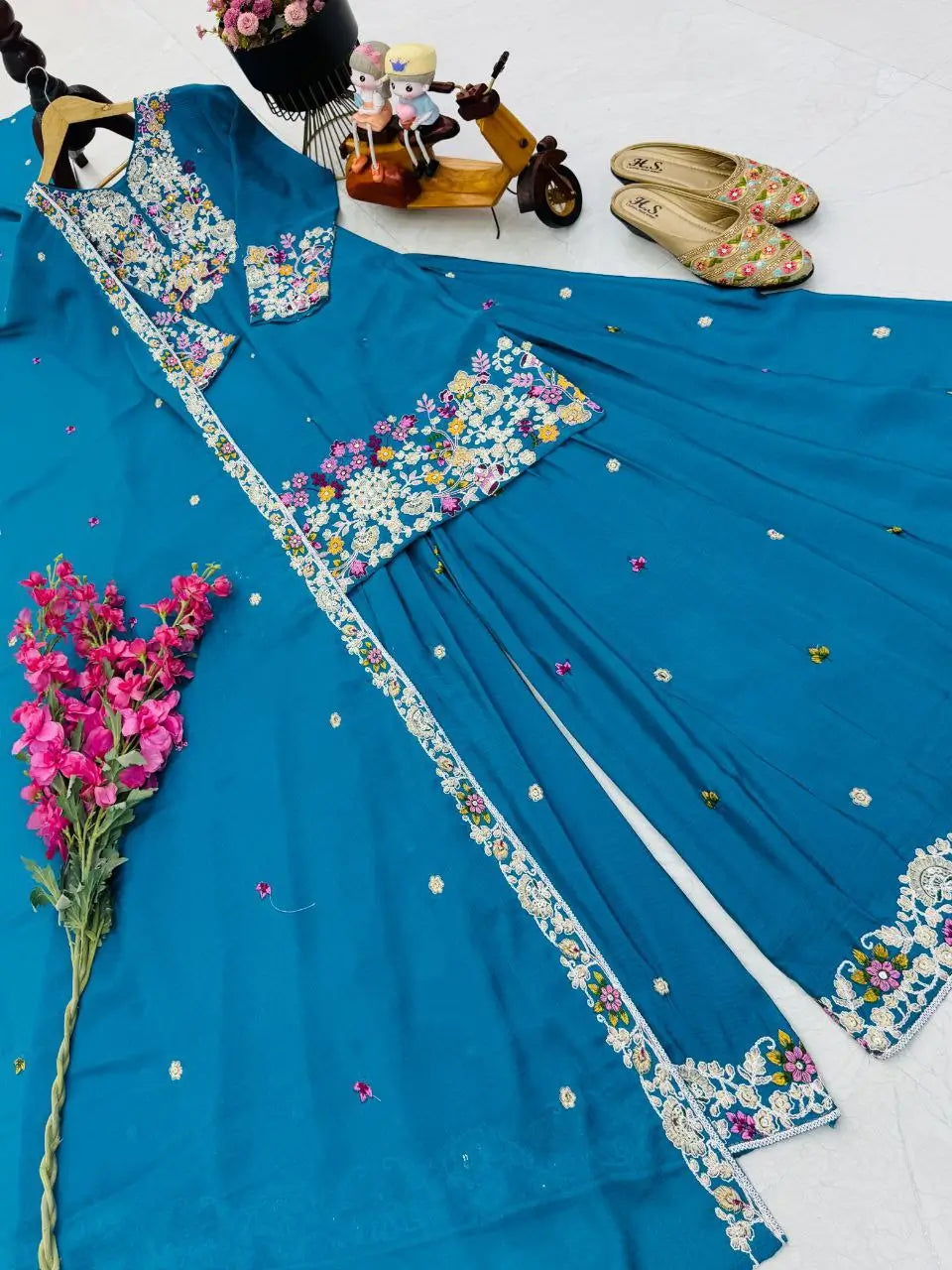 Teal Blue Chinon Silk Embroidered Sharara Suit with Dupatta – Heavy Sequence Work | Wedding & Festive Wear