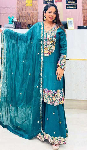 Teal Blue Chinon Silk Embroidered Sharara Suit with Dupatta – Heavy Sequence Work | Wedding & Festive Wear