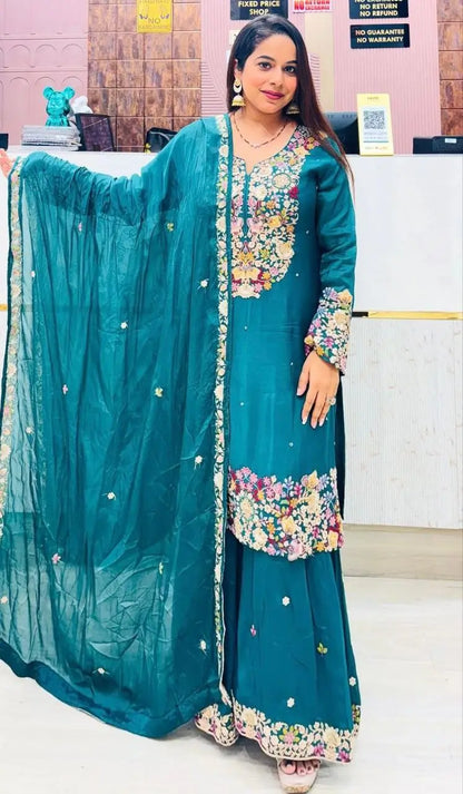 Teal Blue Chinon Silk Embroidered Sharara Suit with Dupatta – Heavy Sequence Work | Wedding & Festive Wear