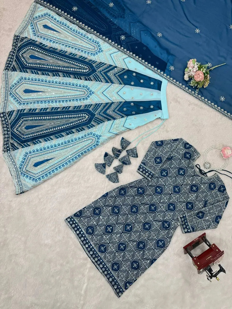 Teal Blue Faux Georgette Thread & Sequence Work Lehenga Set