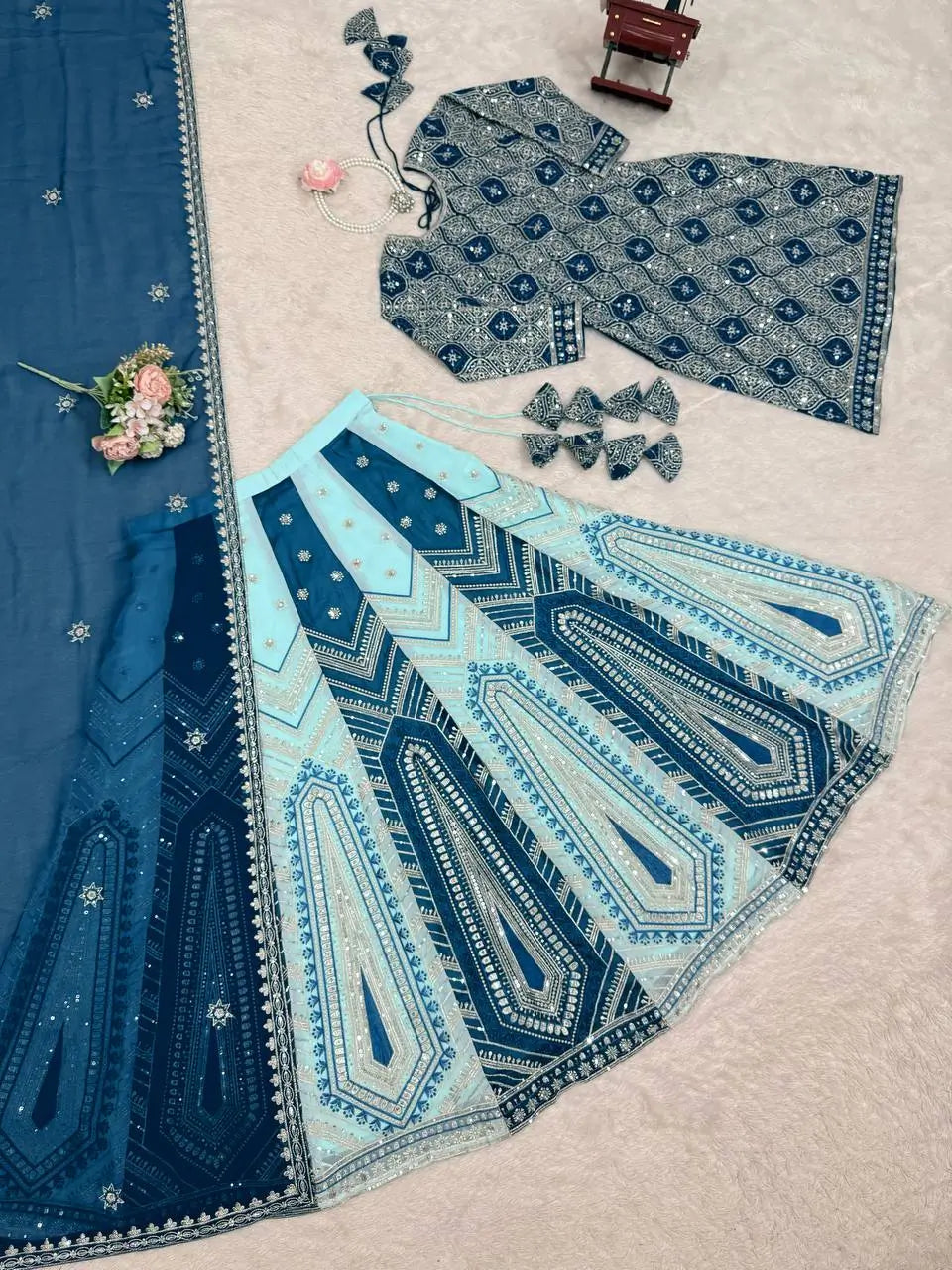 Teal Blue Faux Georgette Thread & Sequence Work Lehenga Set