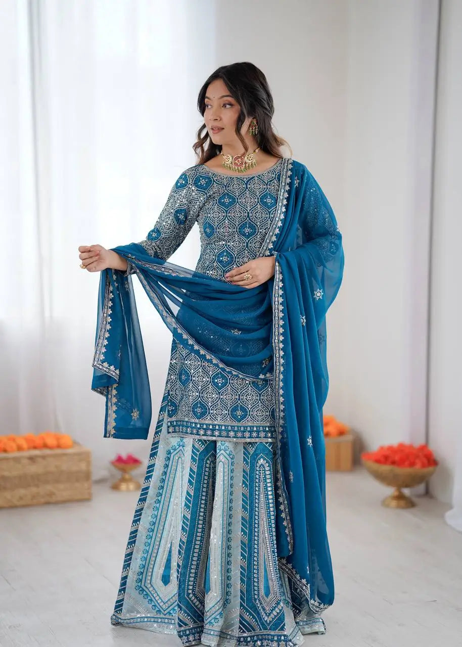 Teal Blue Faux Georgette Thread & Sequence Work Lehenga Set