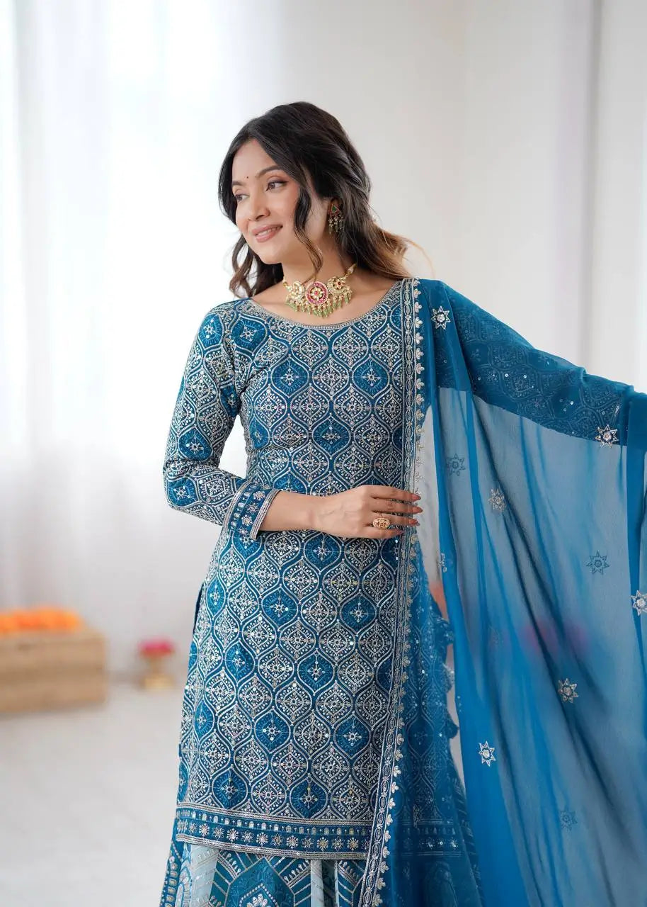 Teal Blue Faux Georgette Thread & Sequence Work Lehenga Set