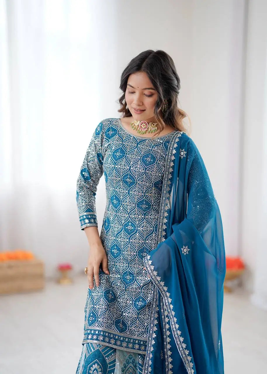 Teal Blue Faux Georgette Thread & Sequence Work Lehenga Set