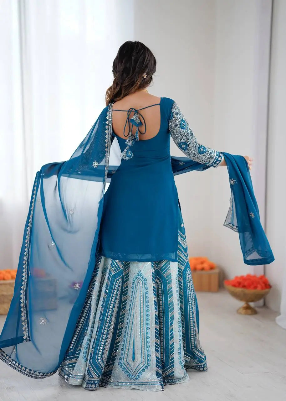 Teal Blue Faux Georgette Thread & Sequence Work Lehenga Set