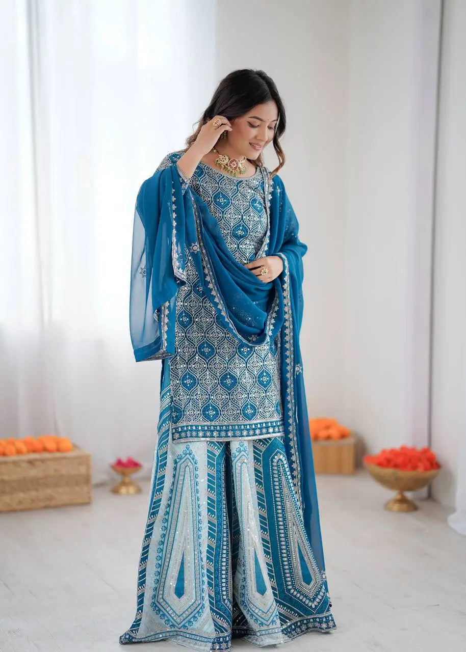 Teal Blue Faux Georgette Thread & Sequence Work Lehenga Set