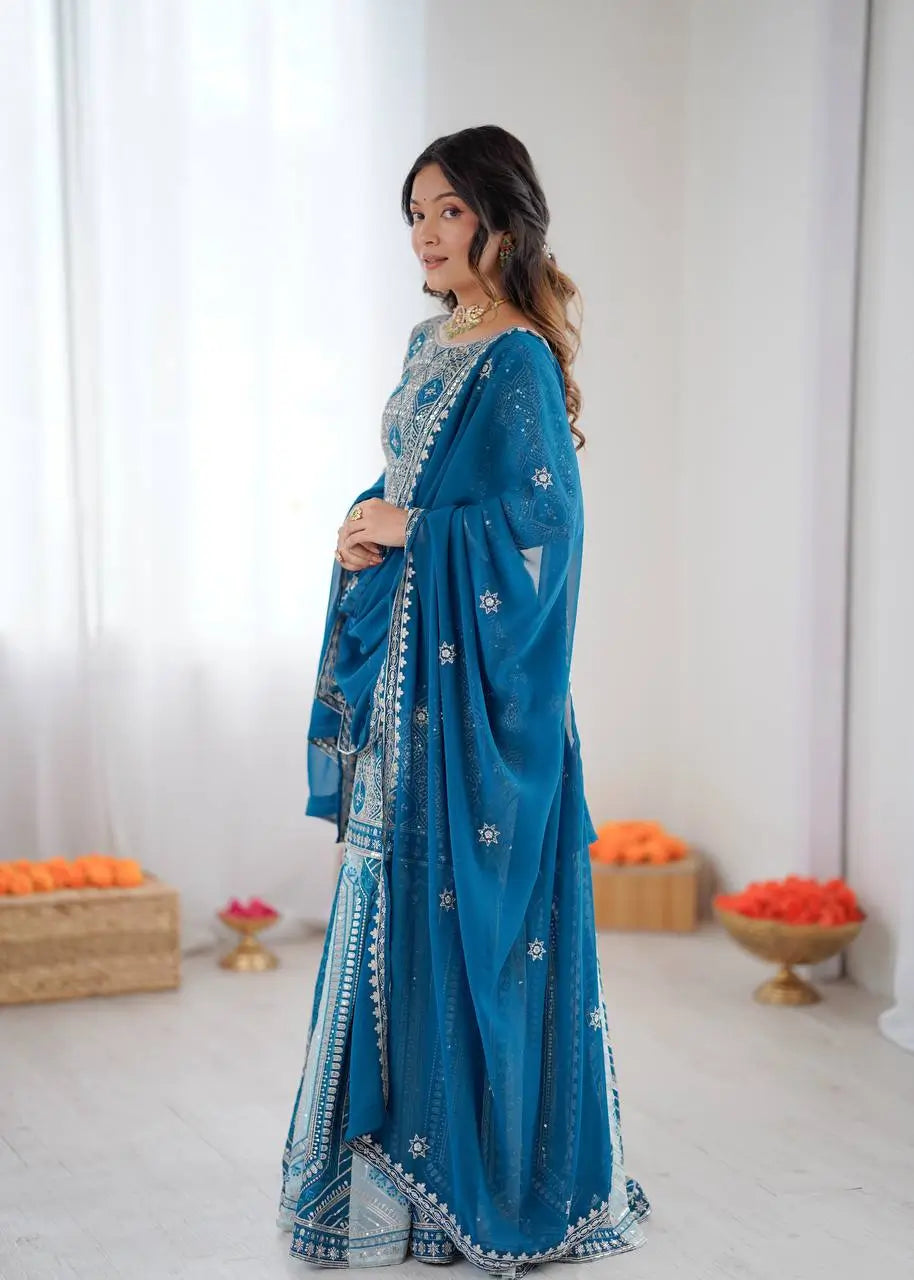 Teal Blue Faux Georgette Thread & Sequence Work Lehenga Set