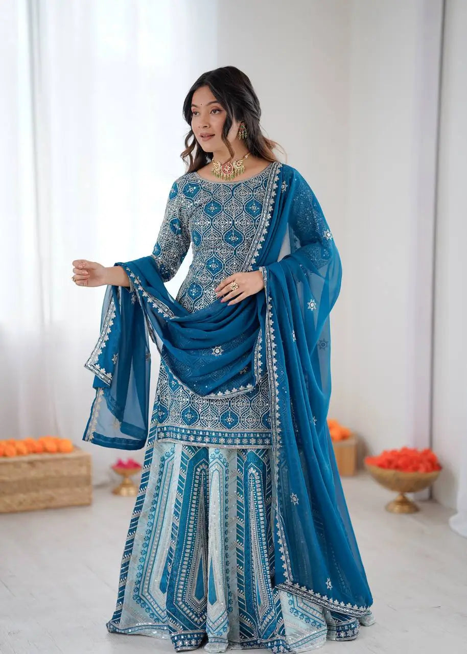 Teal Blue Faux Georgette Thread & Sequence Work Lehenga Set