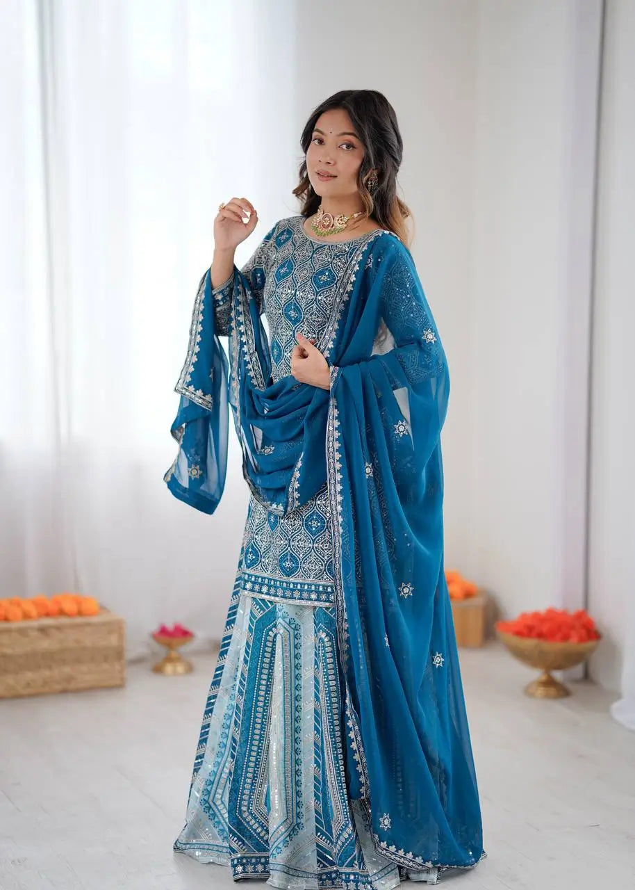 Teal Blue Faux Georgette Thread & Sequence Work Lehenga Set