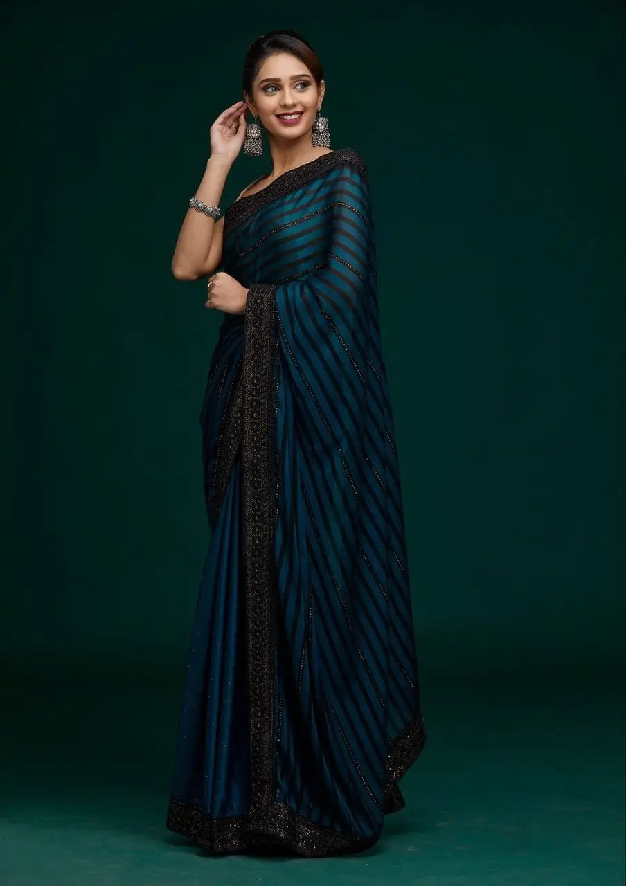 Teal Blue Leheriya Rangoli Silk Saree with Hotfix and Sequence Embroidery Work