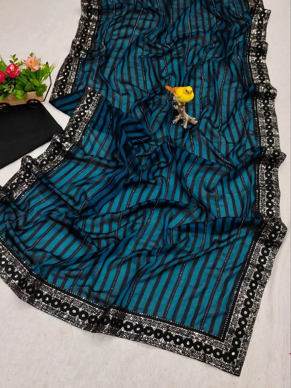 Teal Blue Leheriya Rangoli Silk Saree with Hotfix and Sequence Embroidery Work