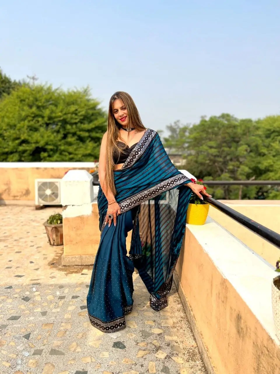 Teal Blue Leheriya Rangoli Silk Saree with Hotfix and Sequence Embroidery Work