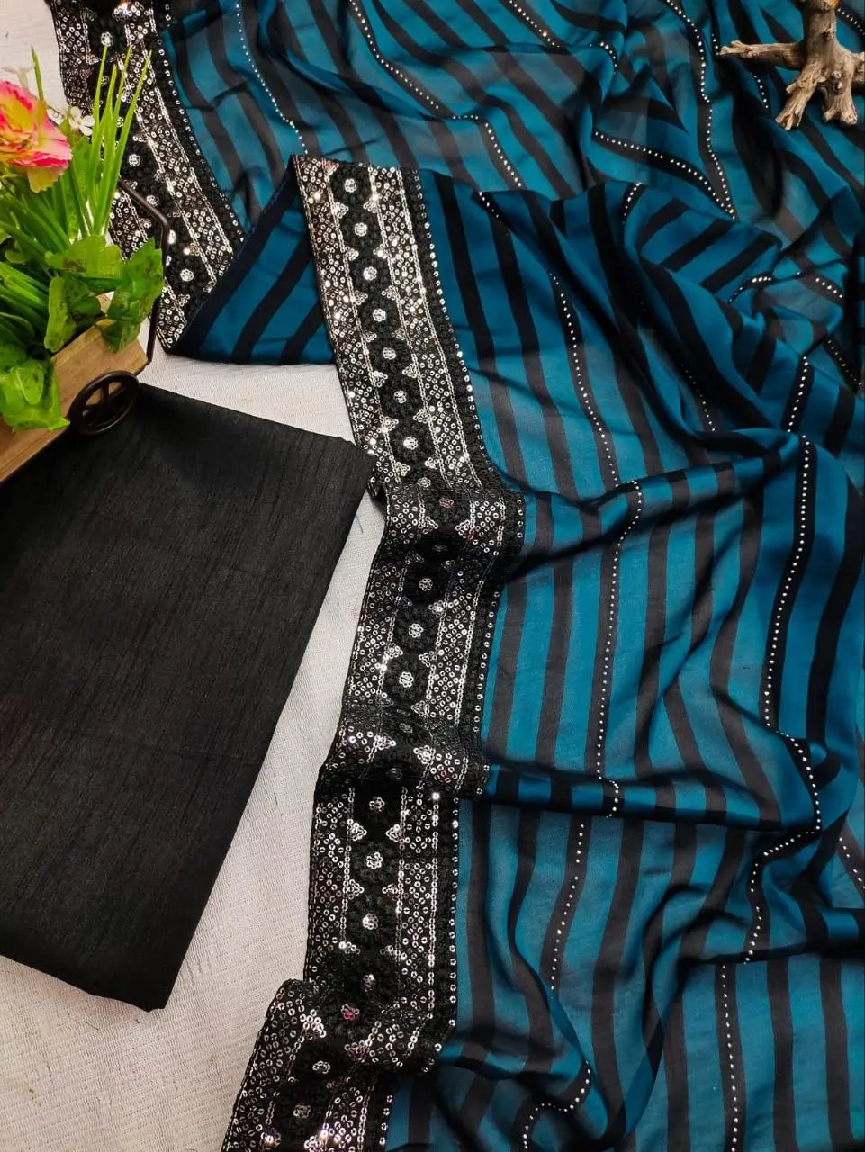 Teal Blue Leheriya Rangoli Silk Saree with Hotfix and Sequence Embroidery Work