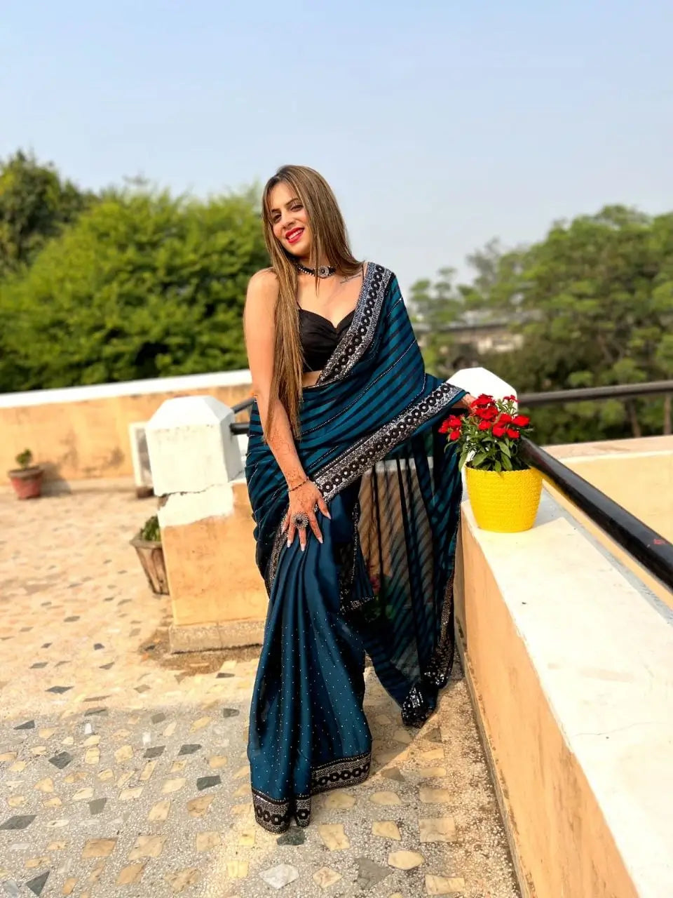 Teal Blue Leheriya Rangoli Silk Saree with Hotfix and Sequence Embroidery Work