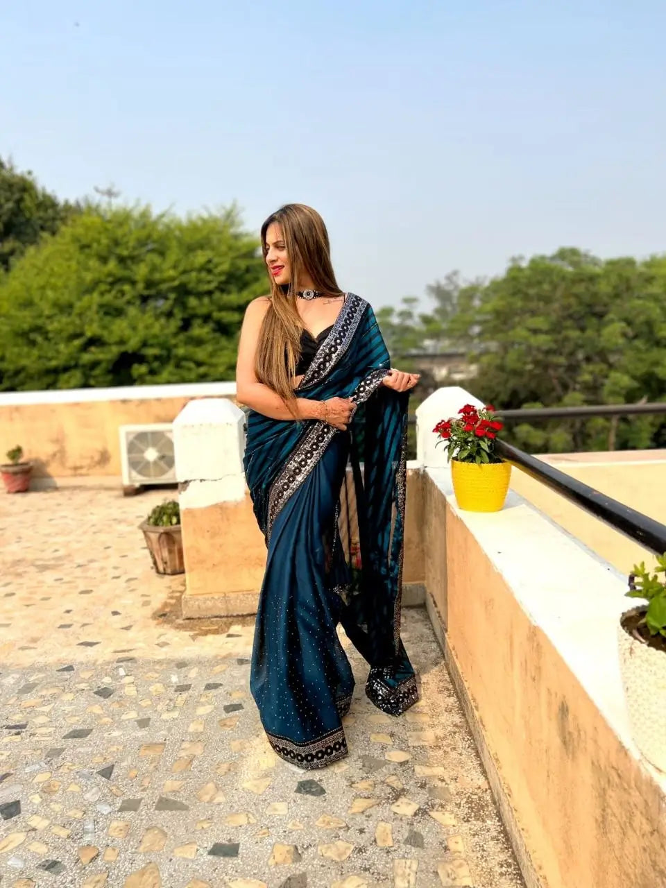 Teal Blue Leheriya Rangoli Silk Saree with Hotfix and Sequence Embroidery Work
