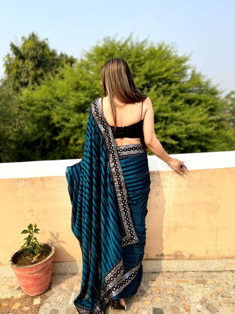 Teal Blue Leheriya Rangoli Silk Saree with Hotfix and Sequence Embroidery Work