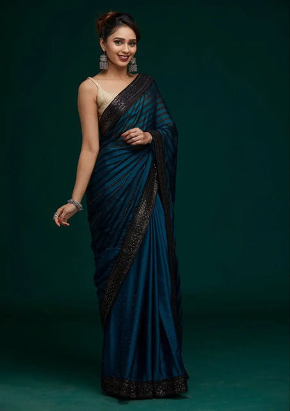Teal Blue Leheriya Rangoli Silk Saree with Hotfix and Sequence Embroidery Work