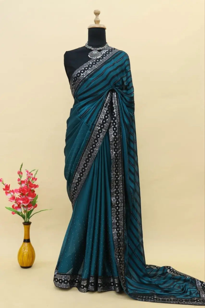 Teal Blue Leheriya Rangoli Silk Saree with Hotfix and Sequence Embroidery Work