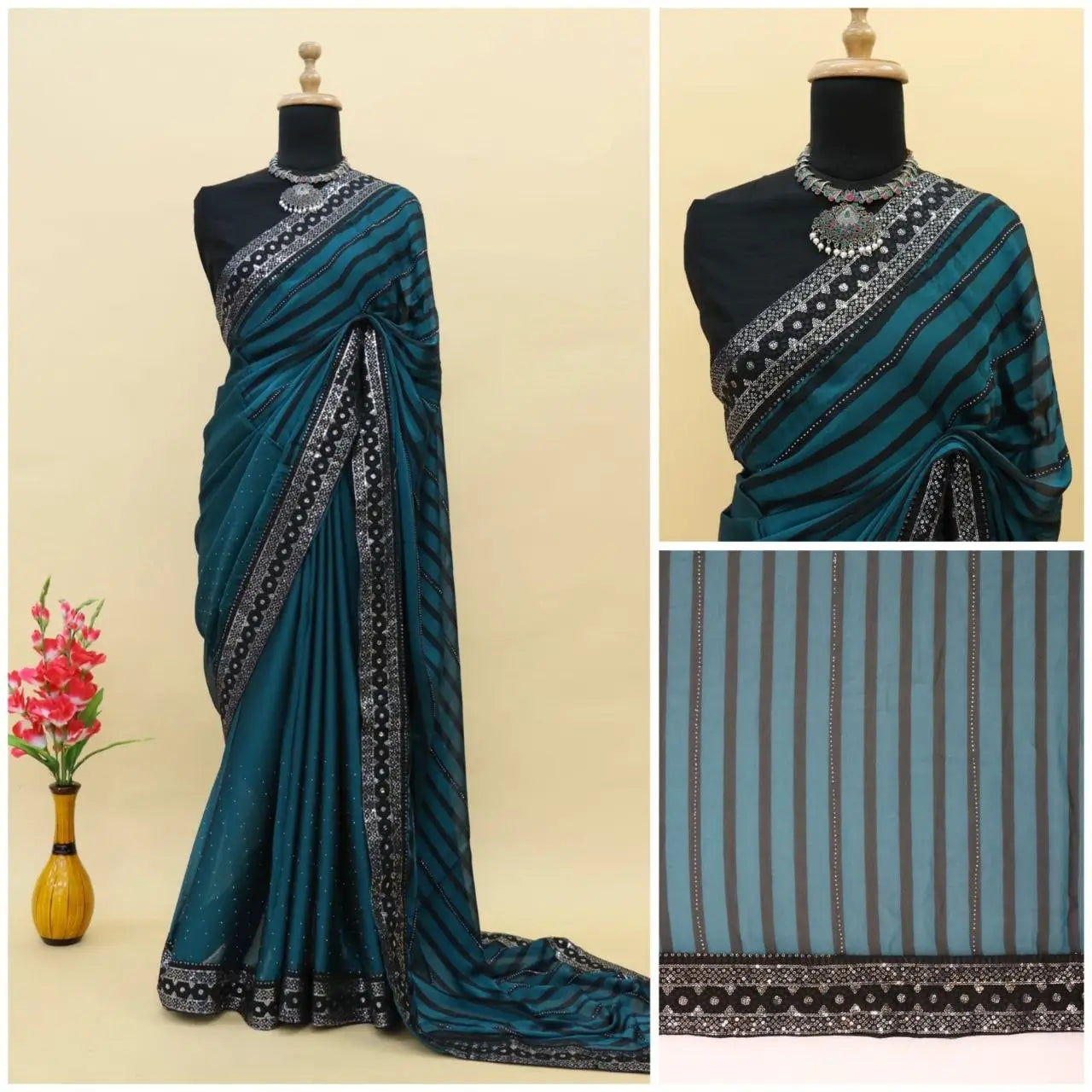 Teal Blue Leheriya Rangoli Silk Saree with Hotfix and Sequence Embroidery Work