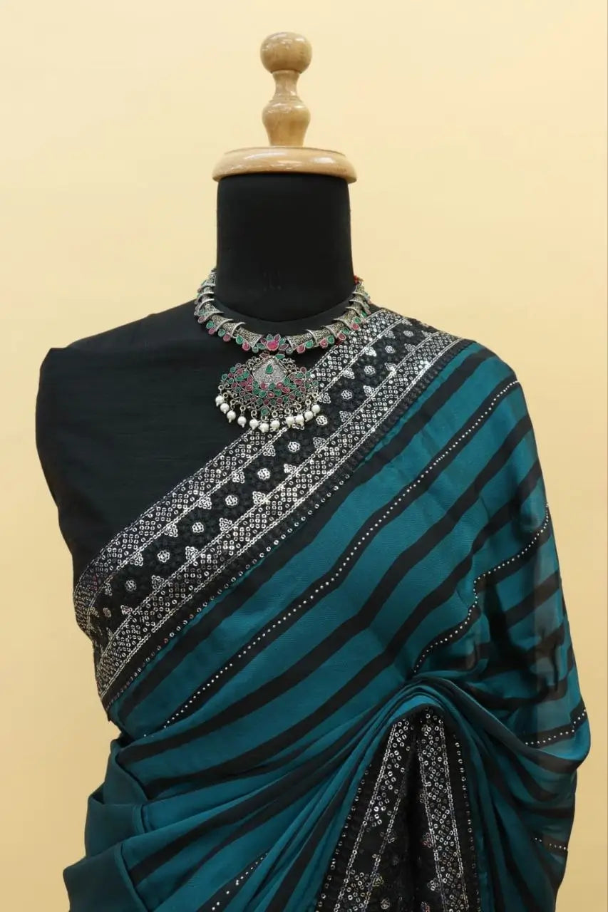 Teal Blue Leheriya Rangoli Silk Saree with Hotfix and Sequence Embroidery Work