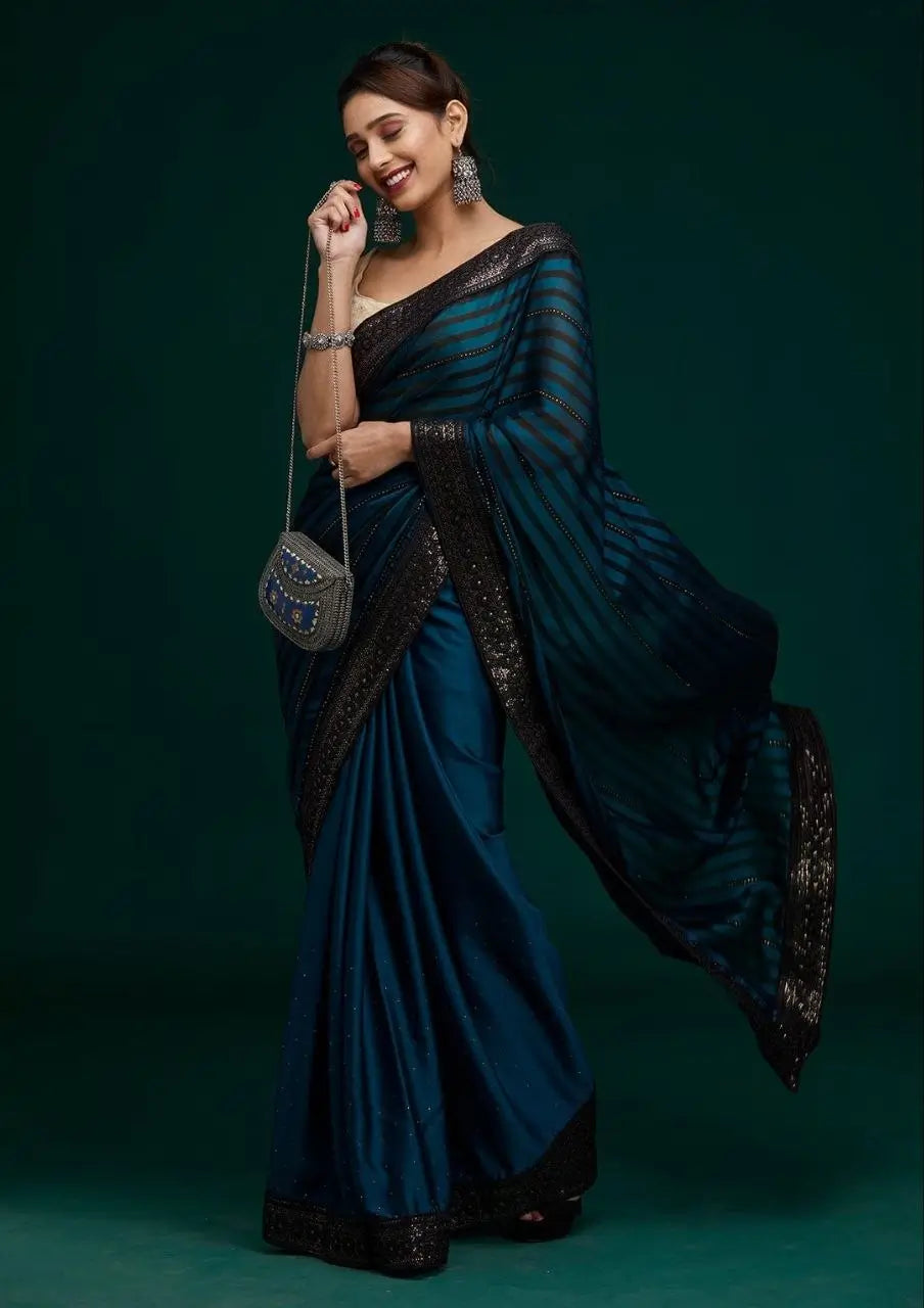 Teal Blue Leheriya Rangoli Silk Saree with Hotfix and Sequence Embroidery Work