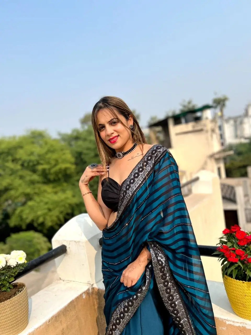 Teal Blue Leheriya Rangoli Silk Saree with Hotfix and Sequence Embroidery Work