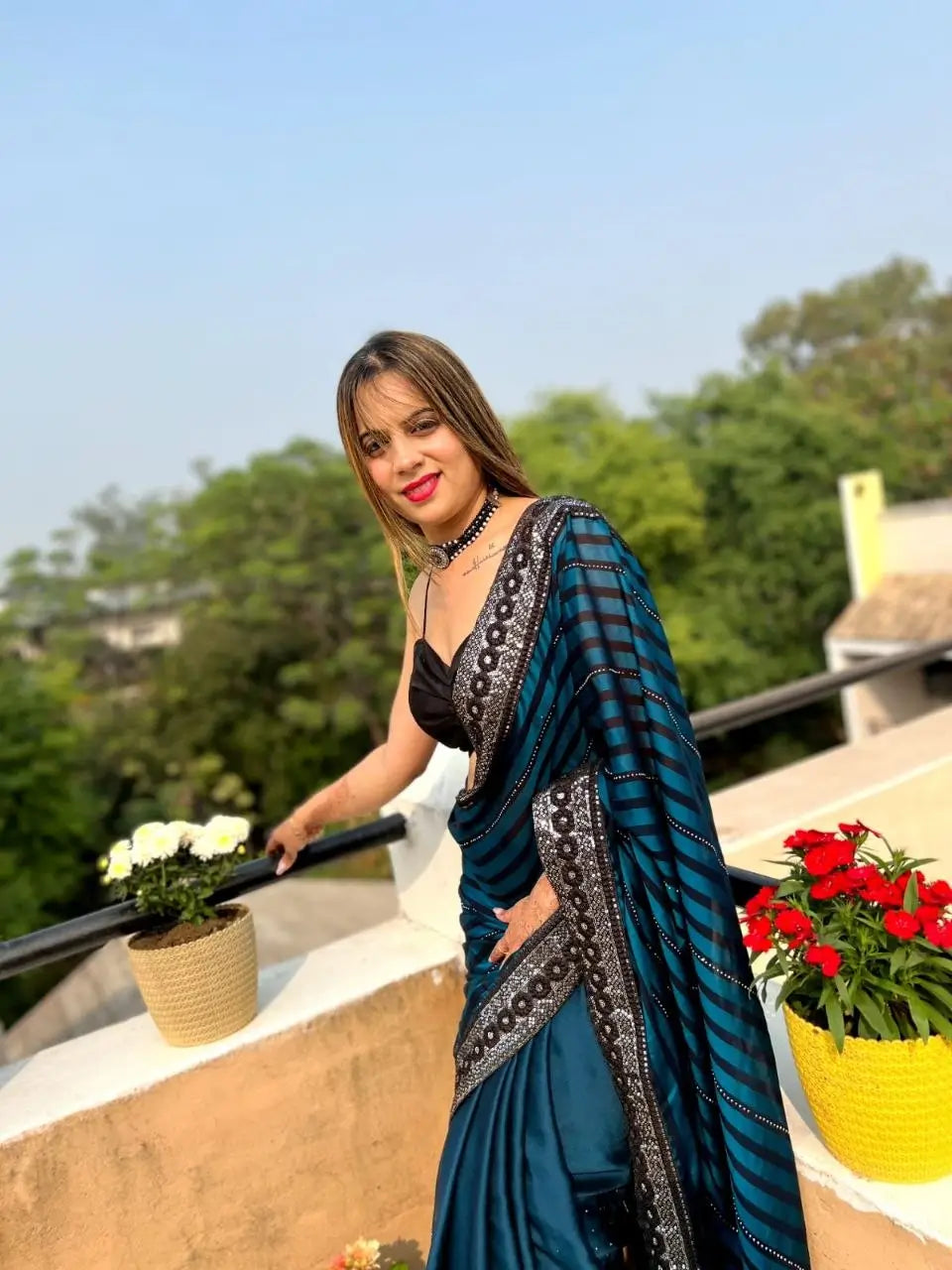 Teal Blue Leheriya Rangoli Silk Saree with Hotfix and Sequence Embroidery Work
