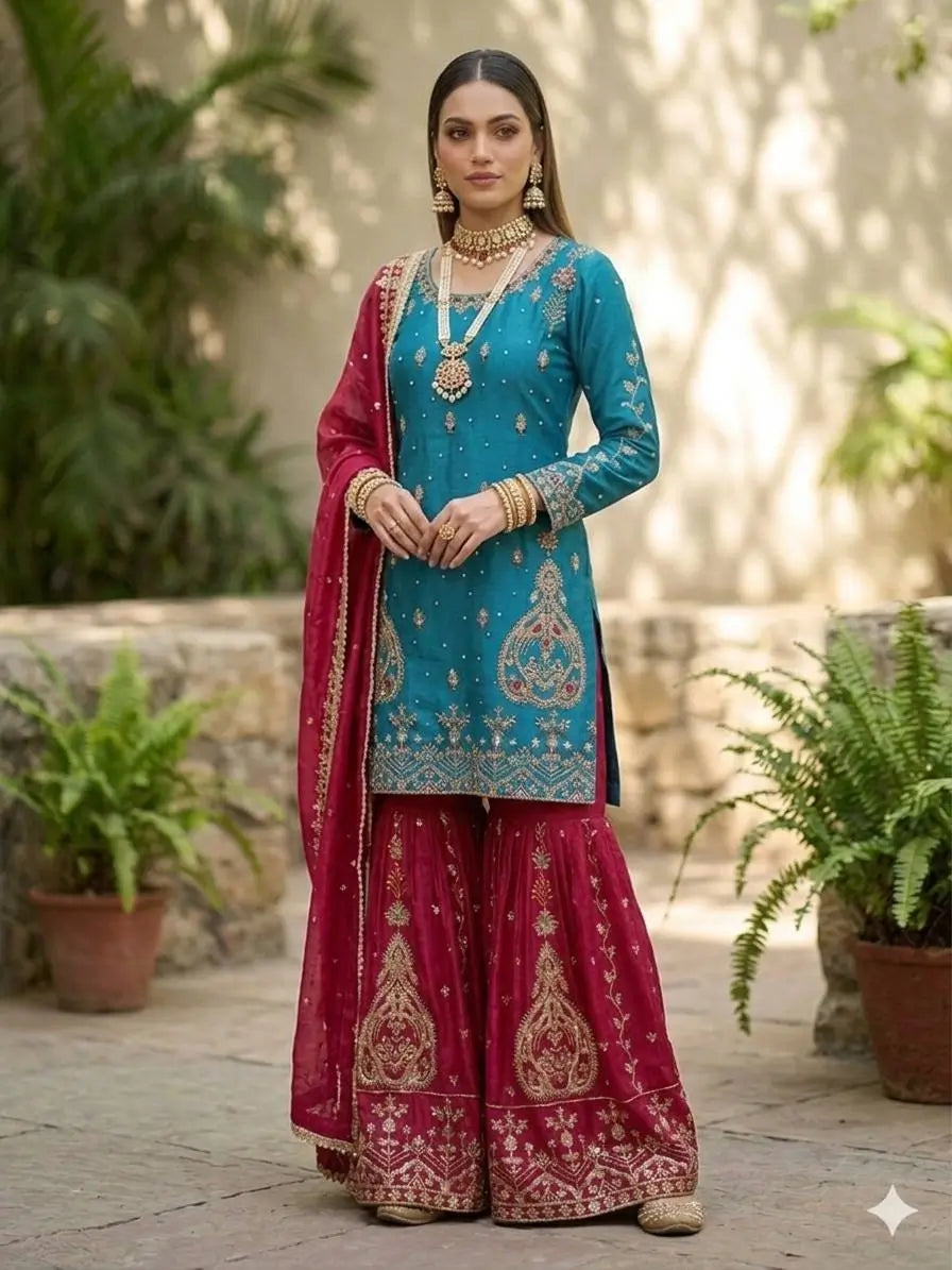 Teal Blue and Rani Pink Chinon Silk Suit Set with Heavy Embroidery and Moti Work