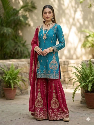 Teal Blue and Rani Pink Chinon Silk Suit Set with Heavy Embroidery and Moti Work