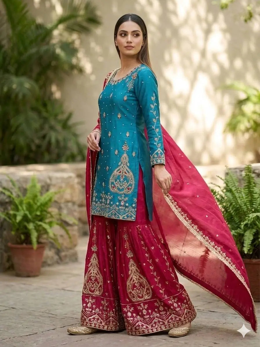 Teal Blue and Rani Pink Chinon Silk Suit Set with Heavy Embroidery and Moti Work