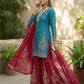 Teal Blue and Rani Pink Chinon Silk Suit Set with Heavy Embroidery and Moti Work