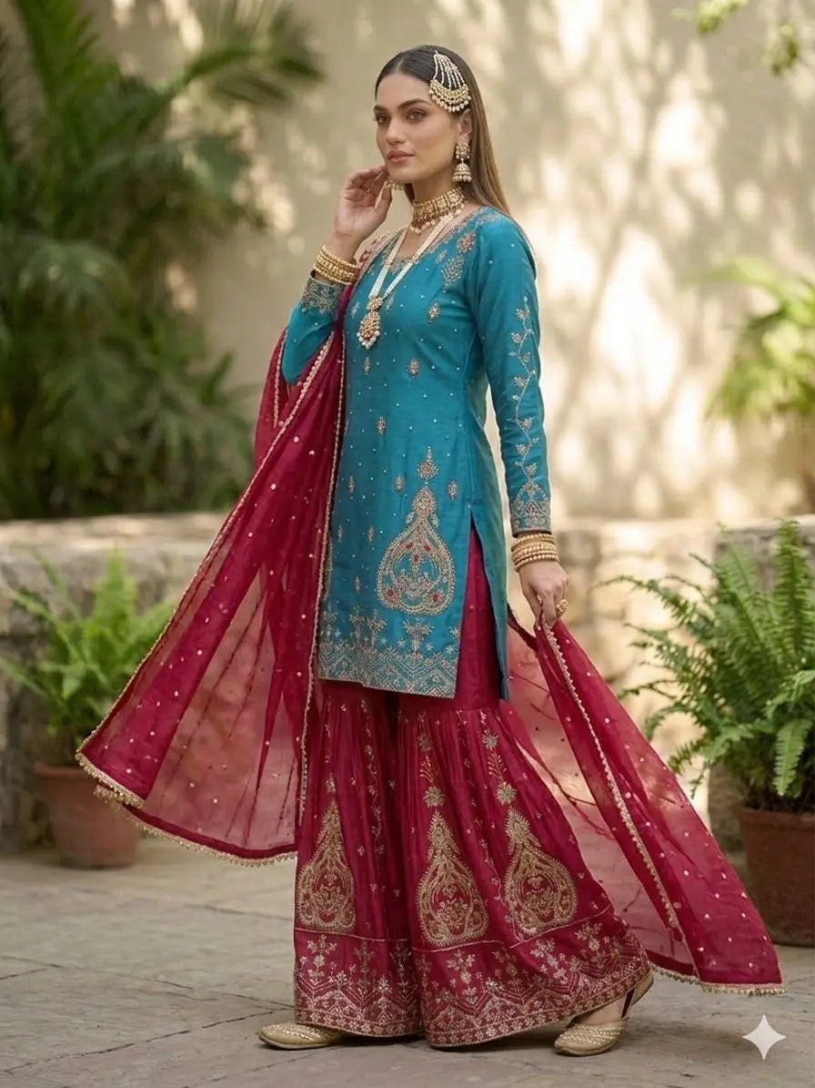 Teal Blue and Rani Pink Chinon Silk Suit Set with Heavy Embroidery and Moti Work