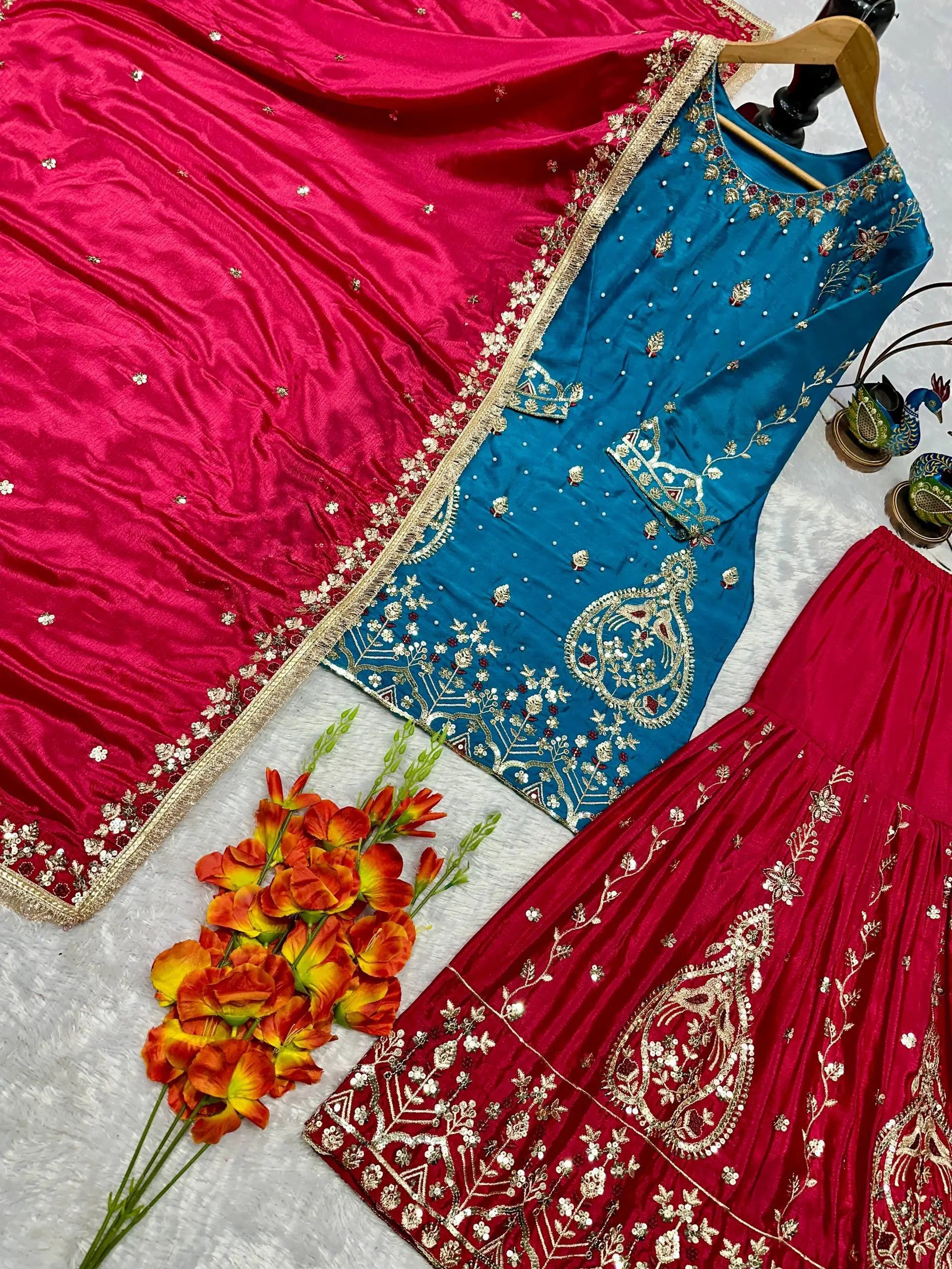 Teal Blue and Rani Pink Chinon Silk Suit Set with Heavy Embroidery and Moti Work