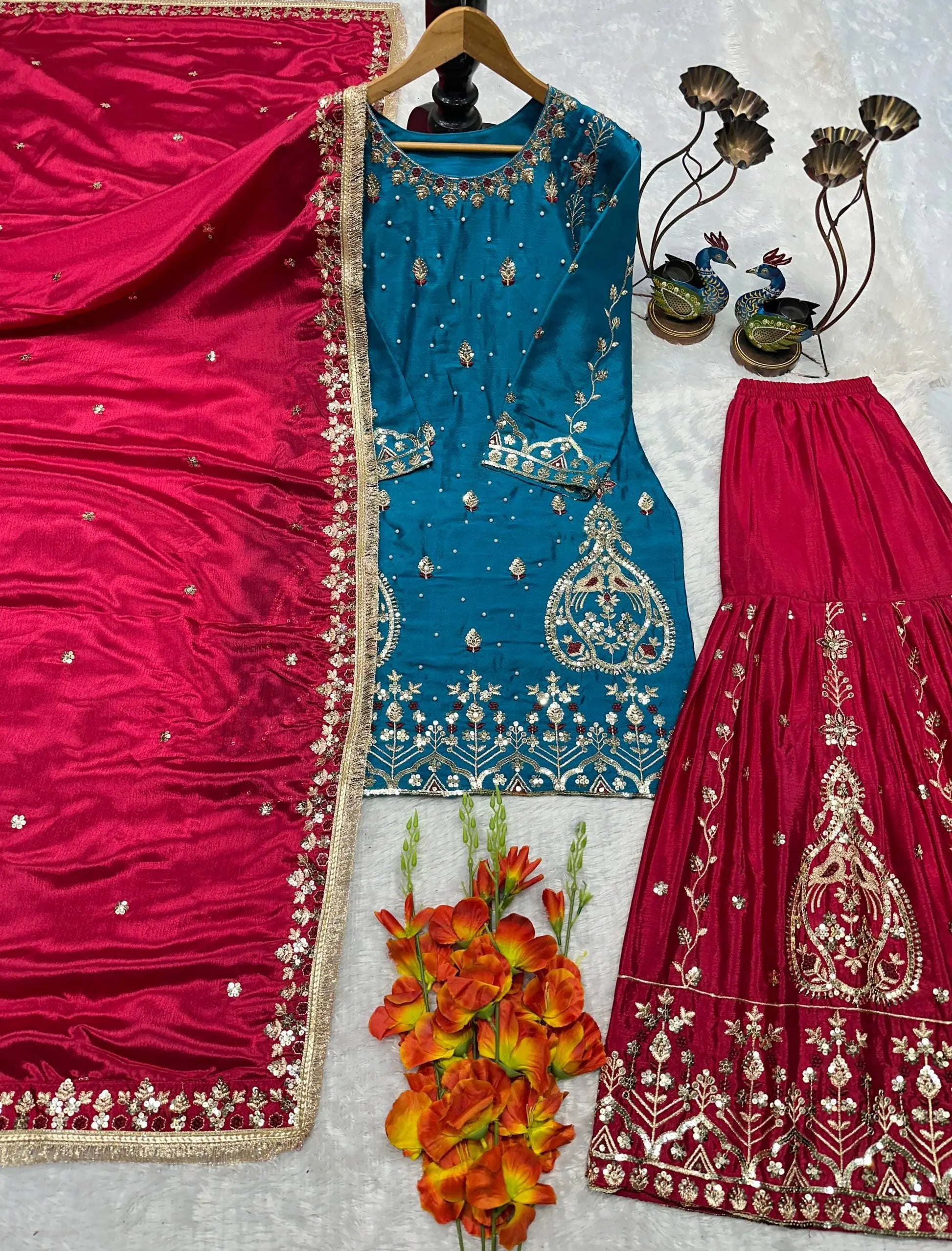 Teal Blue and Rani Pink Chinon Silk Suit Set with Heavy Embroidery and Moti Work