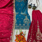 Teal Blue and Rani Pink Chinon Silk Suit Set with Heavy Embroidery and Moti Work