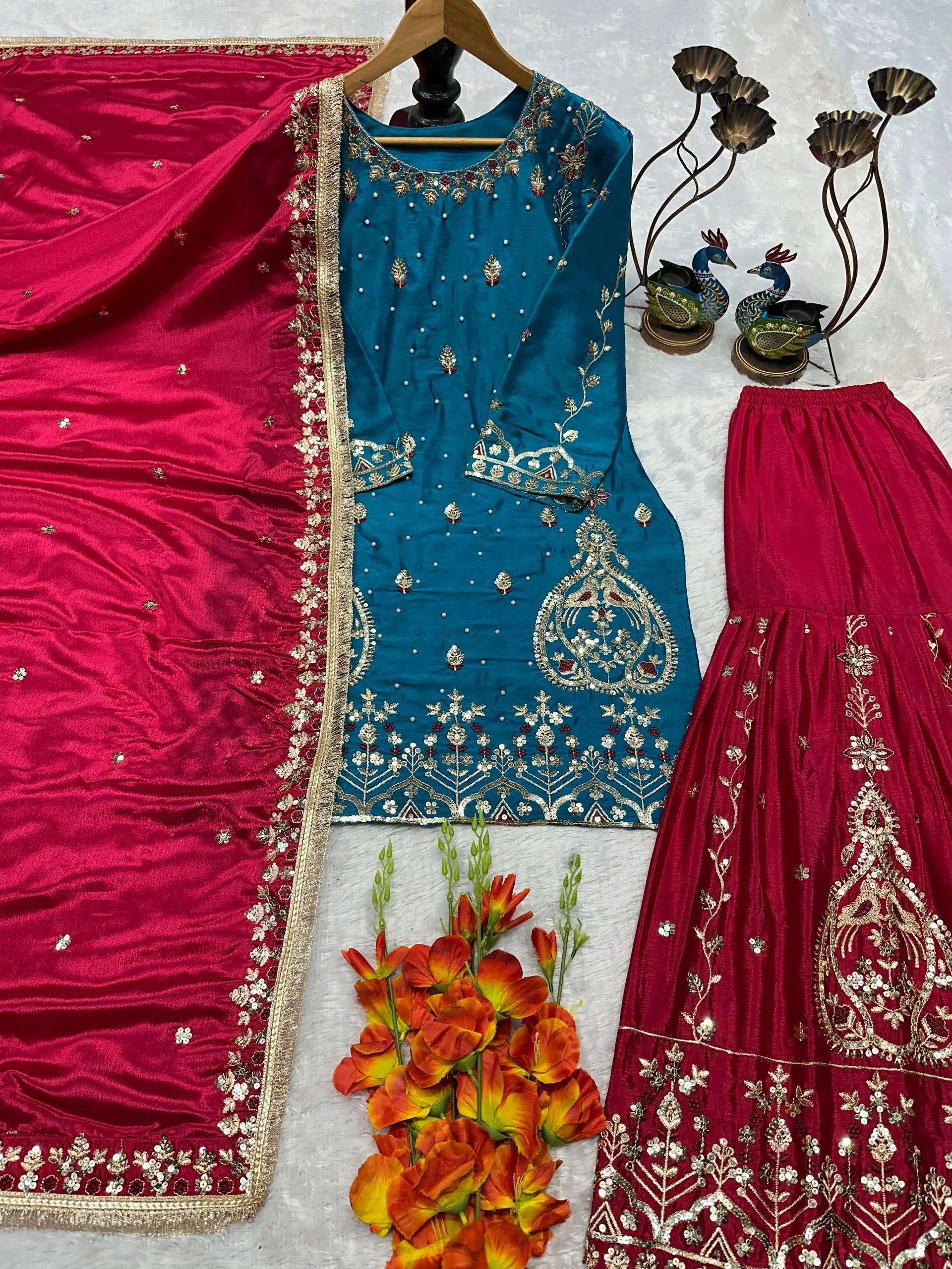 Teal Blue and Rani Pink Chinon Silk Suit Set with Heavy Embroidery and Moti Work
