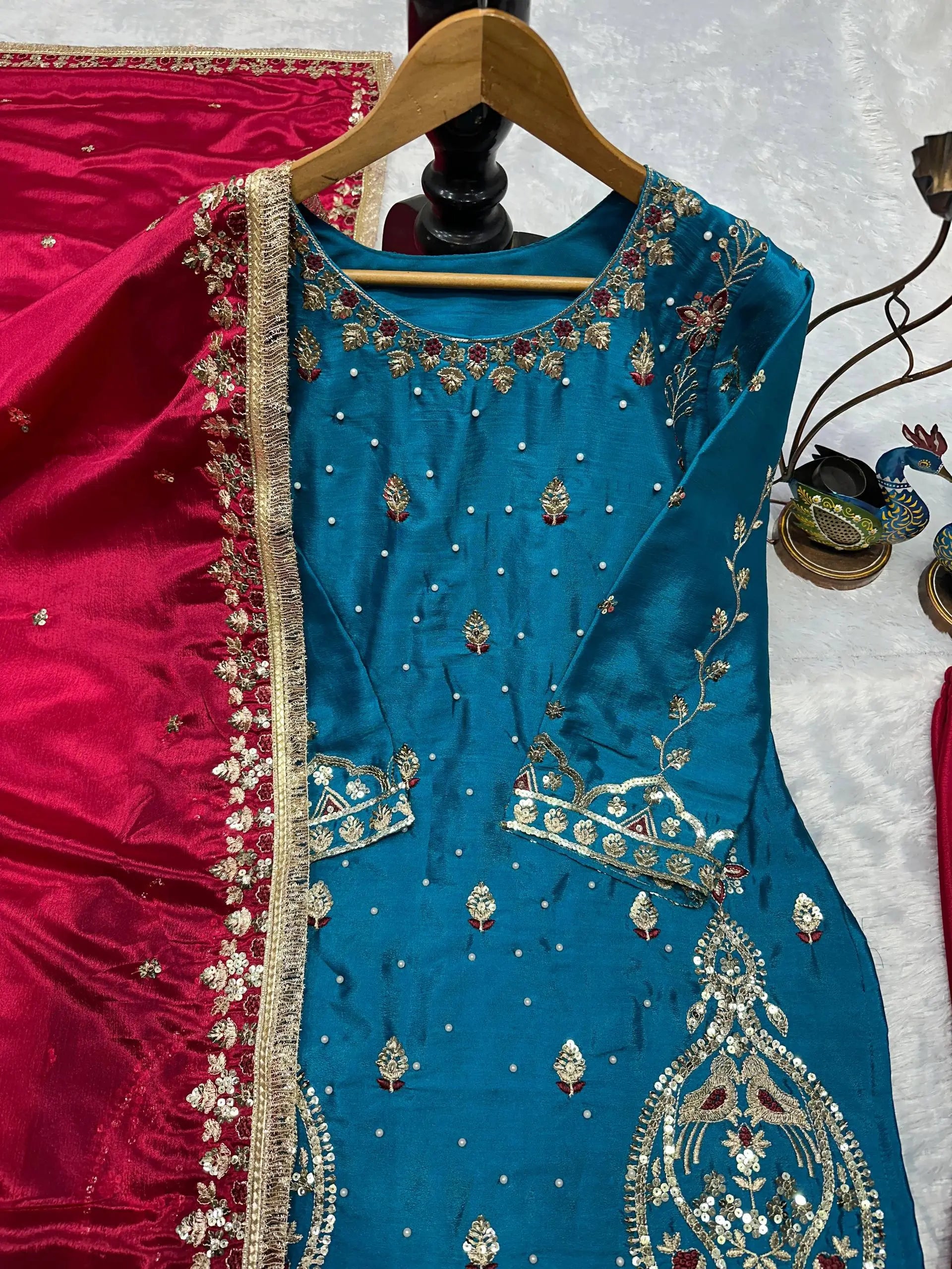 Teal Blue and Rani Pink Chinon Silk Suit Set with Heavy Embroidery and Moti Work