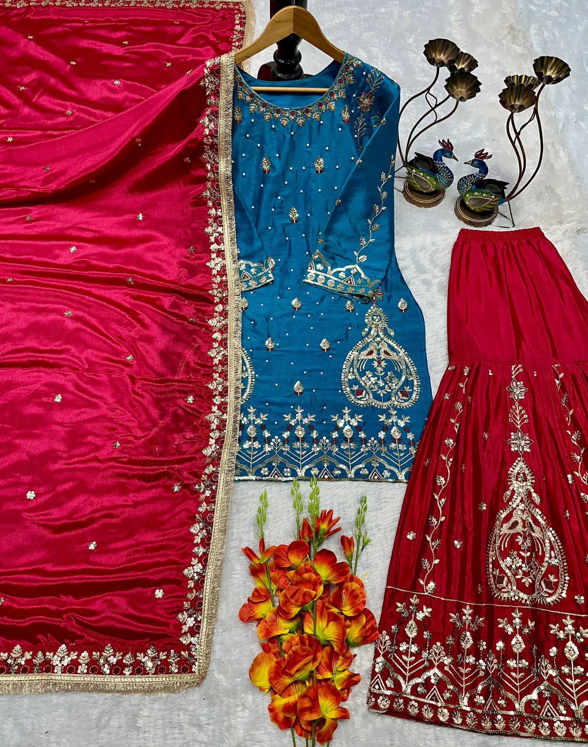 Teal Blue and Rani Pink Chinon Silk Suit Set with Heavy Embroidery and Moti Work