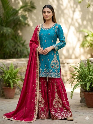 Teal Blue and Rani Pink Chinon Silk Suit Set with Heavy Embroidery and Moti Work