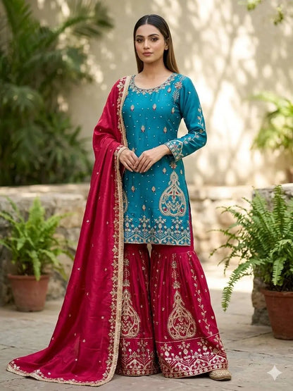 Teal Blue and Rani Pink Chinon Silk Suit Set with Heavy Embroidery and Moti Work