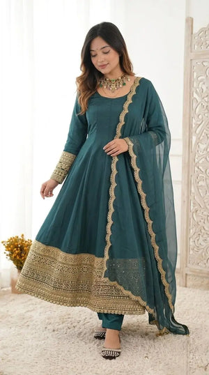 Teal Crepe Anarkali Set With Organza Dupatta