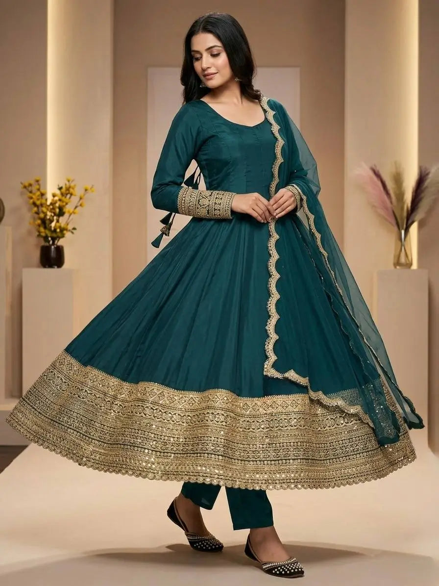 Teal Crepe Anarkali Set With Organza Dupatta