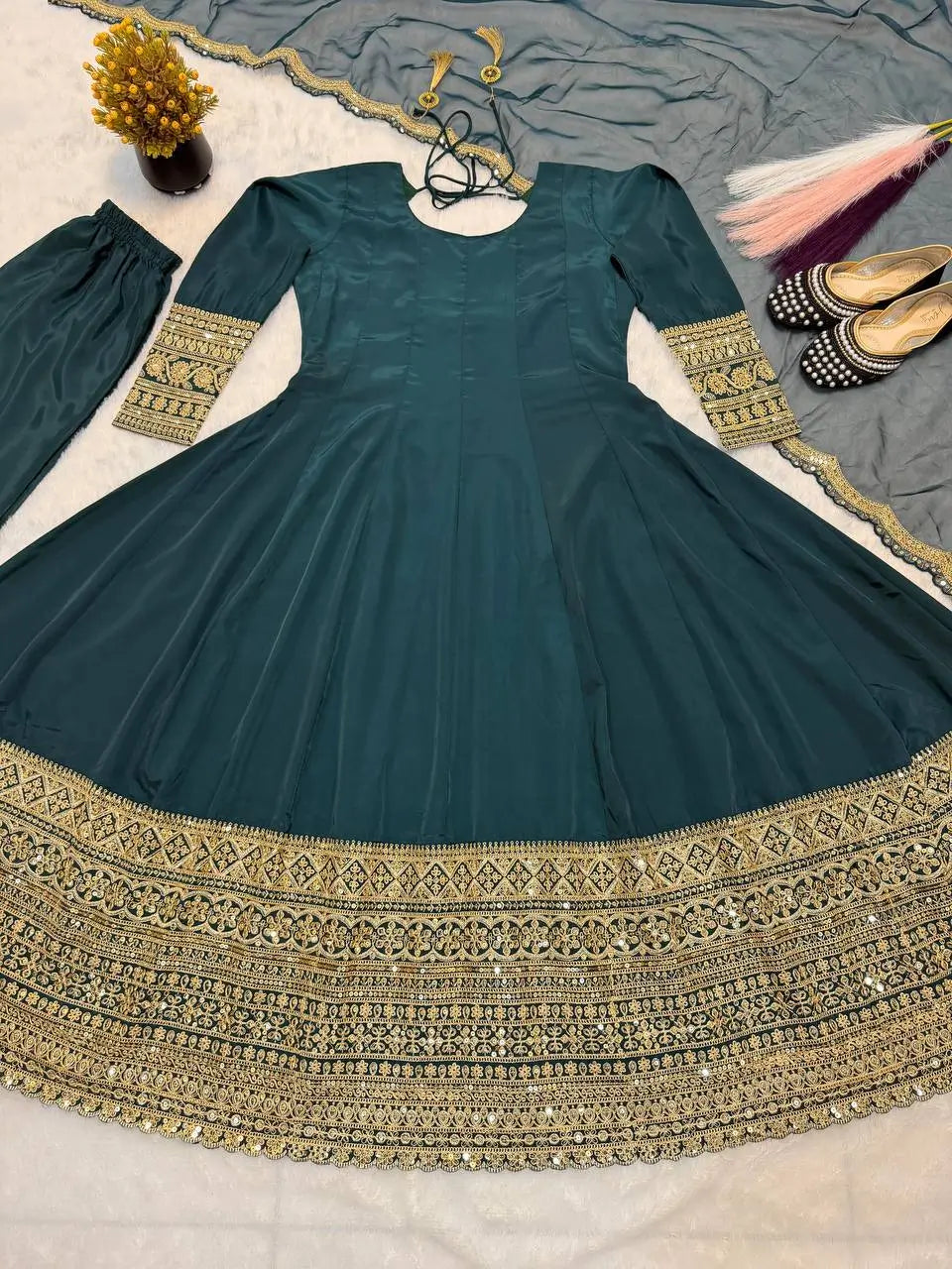 Teal Crepe Anarkali Set With Organza Dupatta